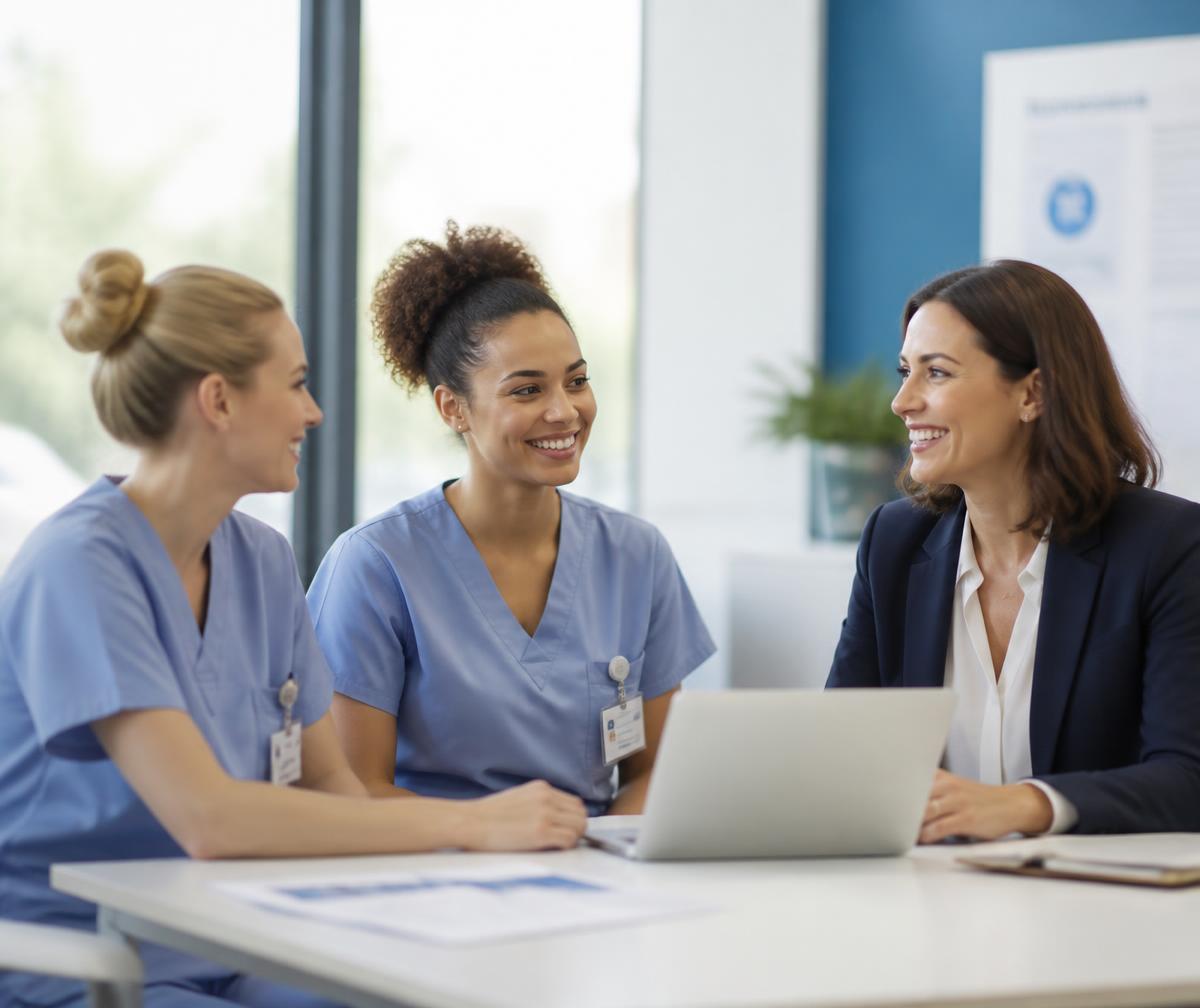 Healthcare recruiter meeting with two nurses in a bright clinic office